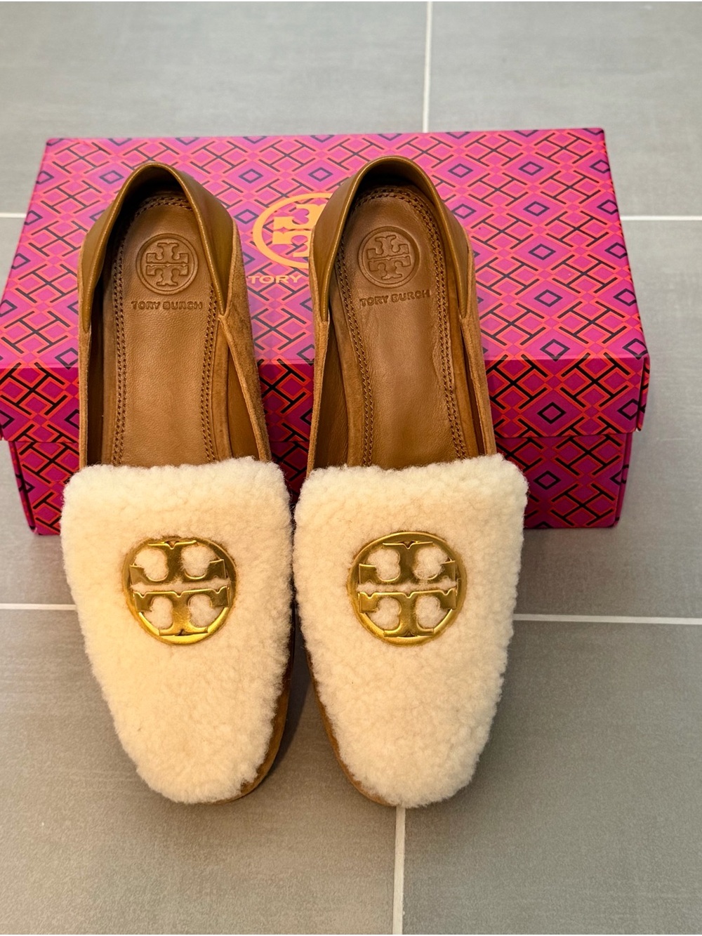 Tory Burch Cream Shearling Mules with Gold Logo Medallion